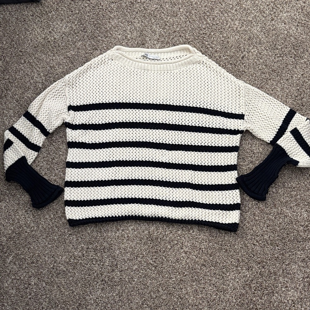 Zara Navy and White Striped Knit Sweater